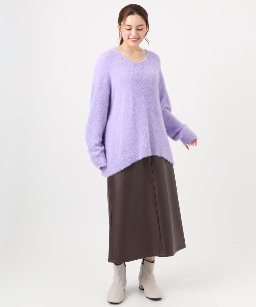 OLFBD19069 eur3(エウルキューブ) 【大きいサイズ/a.v.v×eur3】フェザーヤーンVネックニット ラベンダー(60)