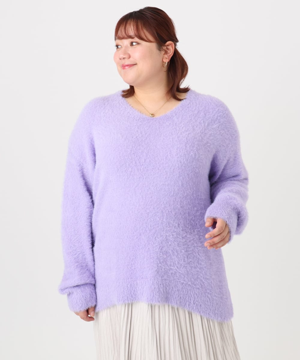 OLFBD19069 eur3(エウルキューブ) 【大きいサイズ/a.v.v×eur3】フェザーヤーンVネックニット ラベンダー(60)
