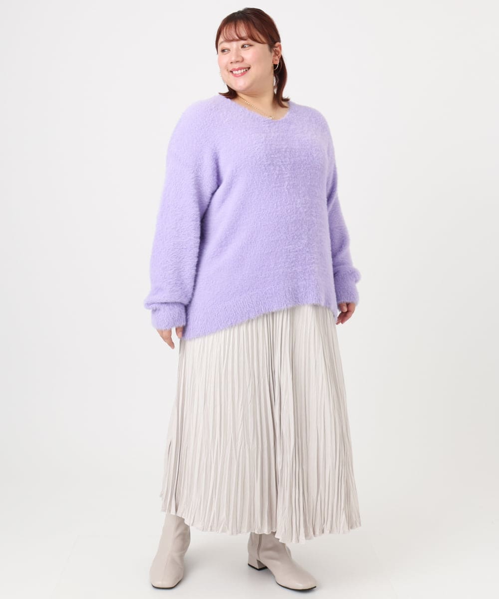 OLFBD19069 eur3(エウルキューブ) 【大きいサイズ/a.v.v×eur3】フェザーヤーンVネックニット ラベンダー(60)