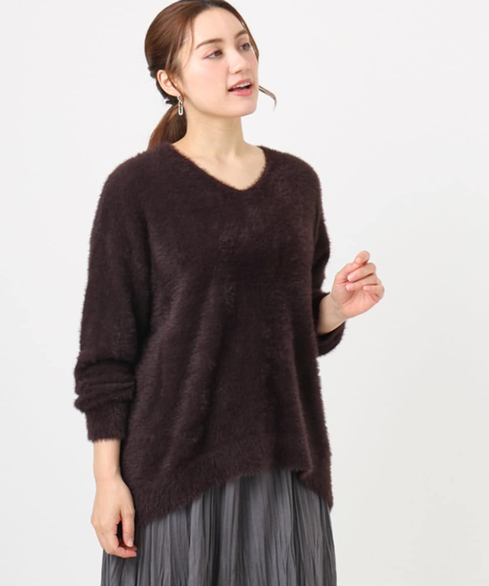 OLFBD19069 eur3(エウルキューブ) 【大きいサイズ/a.v.v×eur3】フェザーヤーンVネックニット ダークブラウン(87)
