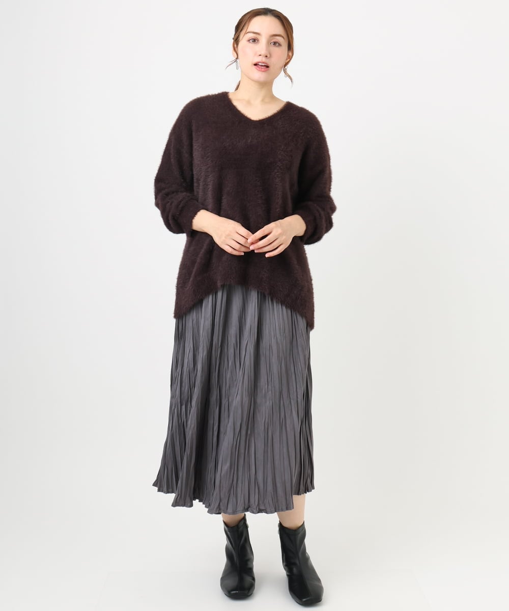 OLFBD19069 eur3(エウルキューブ) 【大きいサイズ/a.v.v×eur3】フェザーヤーンVネックニット ダークブラウン(87)
