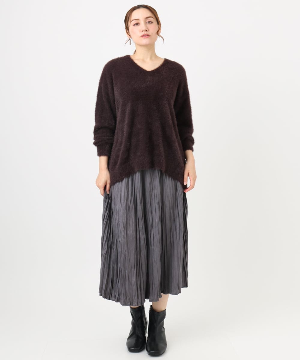 OLFBD19069 eur3(エウルキューブ) 【大きいサイズ/a.v.v×eur3】フェザーヤーンVネックニット ダークブラウン(87)