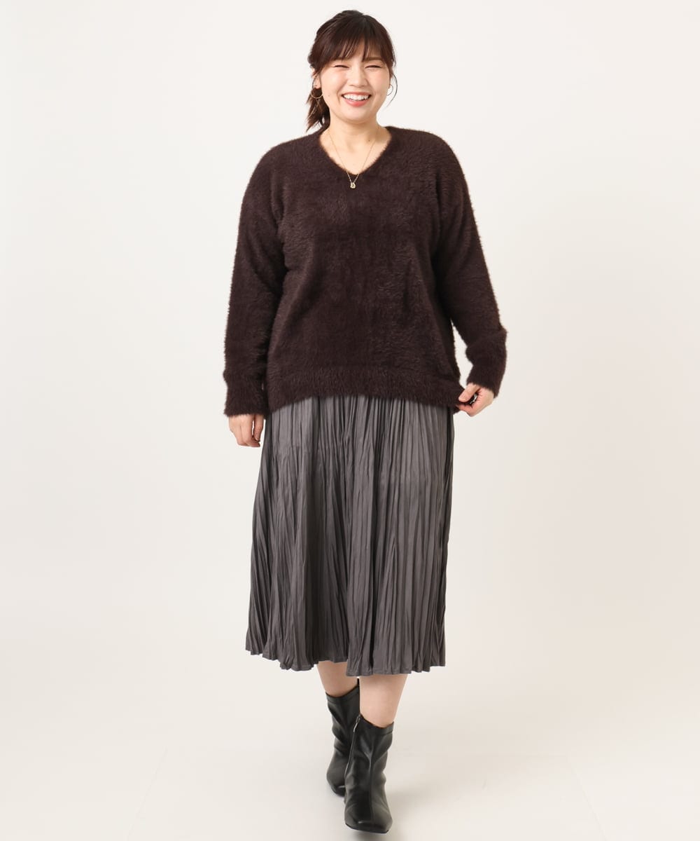 OLFBD19069 eur3(エウルキューブ) 【大きいサイズ/a.v.v×eur3】フェザーヤーンVネックニット ダークブラウン(87)