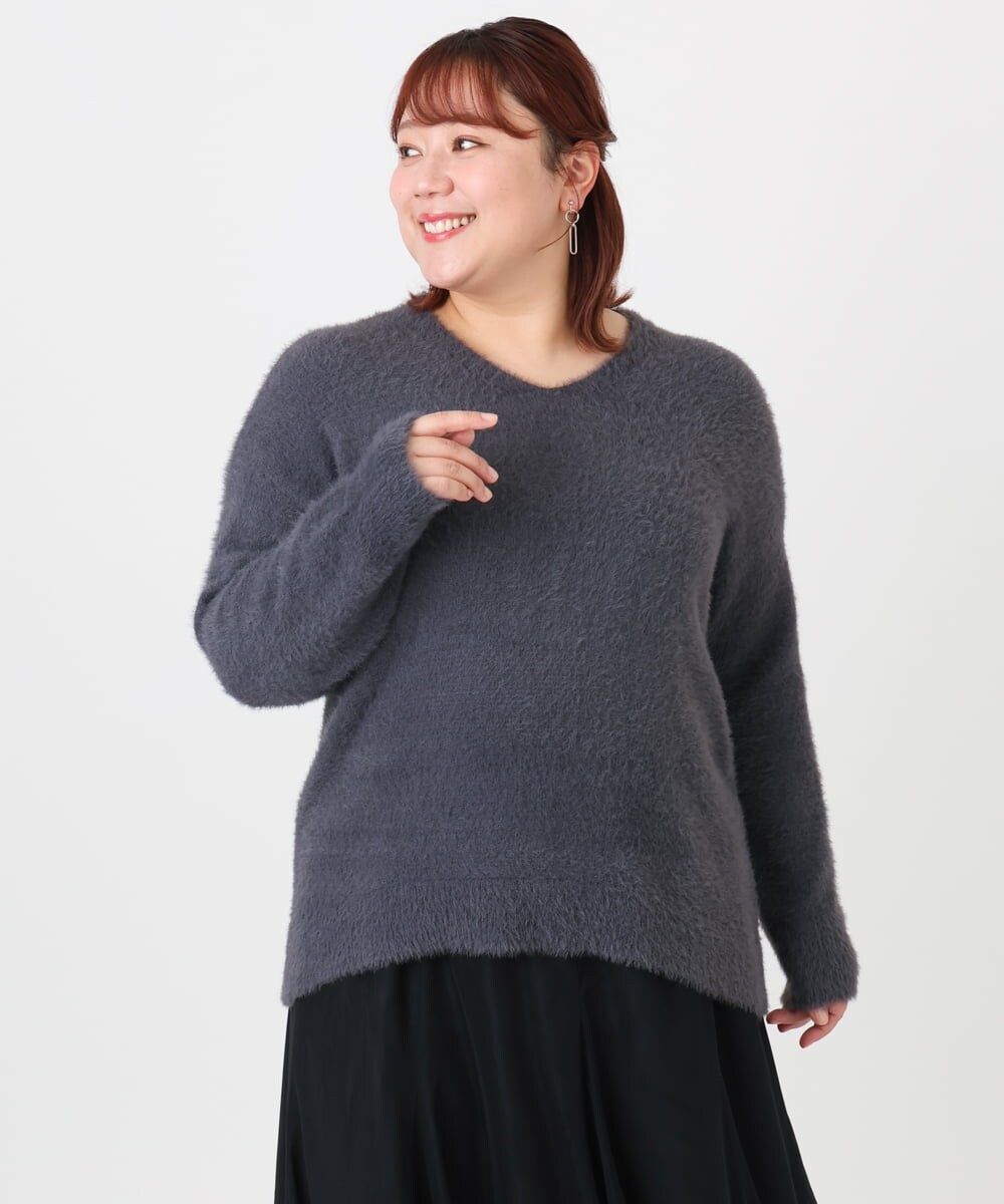 OLFBD19069 eur3(エウルキューブ) 【大きいサイズ/a.v.v×eur3】フェザーヤーンVネックニット ダークグレー(93)