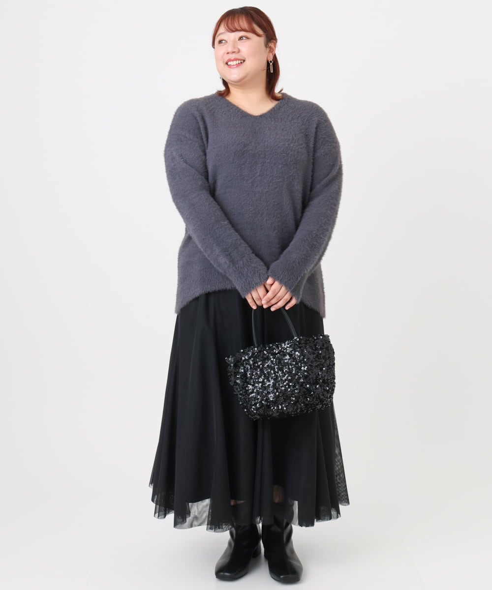 OLFBD19069 eur3(エウルキューブ) 【大きいサイズ/a.v.v×eur3】フェザーヤーンVネックニット ダークグレー(93)