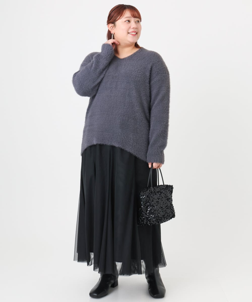 OLFBD19069 eur3(エウルキューブ) 【大きいサイズ/a.v.v×eur3】フェザーヤーンVネックニット ダークグレー(93)
