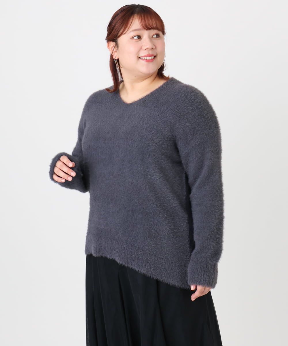 OLFBD19069 eur3(エウルキューブ) 【大きいサイズ/a.v.v×eur3】フェザーヤーンVネックニット ダークグレー(93)