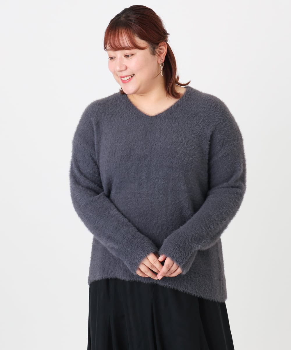 OLFBD19069 eur3(エウルキューブ) 【大きいサイズ/a.v.v×eur3】フェザーヤーンVネックニット ダークグレー(93)