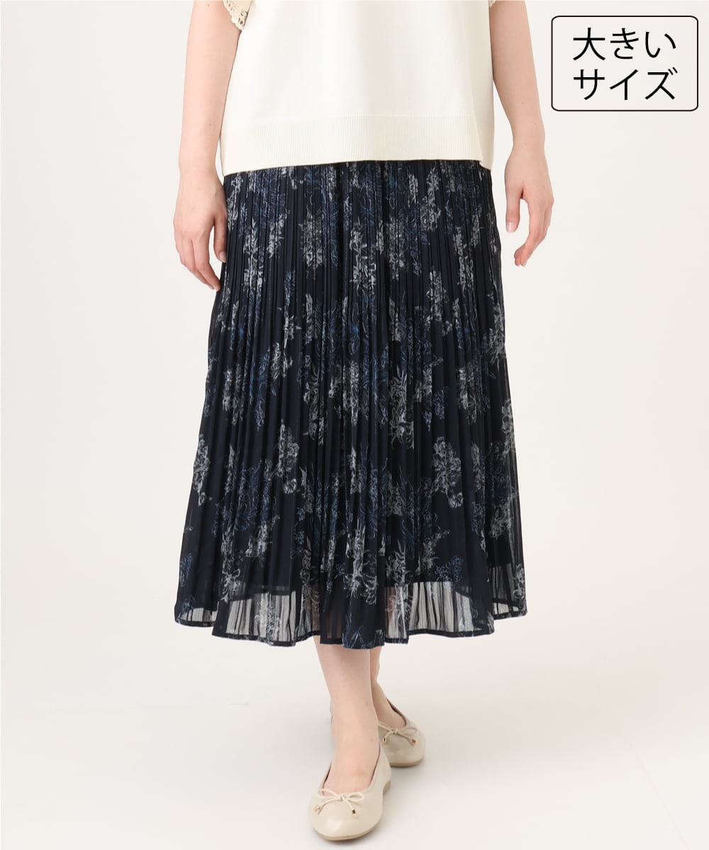 OLHID11089 eur3(エウルキューブ) 【大きいサイズ/a.v.v×eur3/洗える】フラワープリントランダムプリーツスカート ネイビー