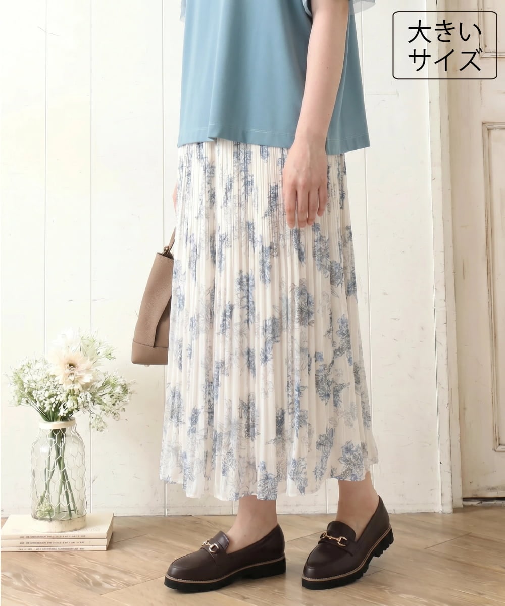 OLHID11089 eur3(エウルキューブ) 【大きいサイズ/a.v.v×eur3/洗える】フラワープリントランダムプリーツスカート ベージュ