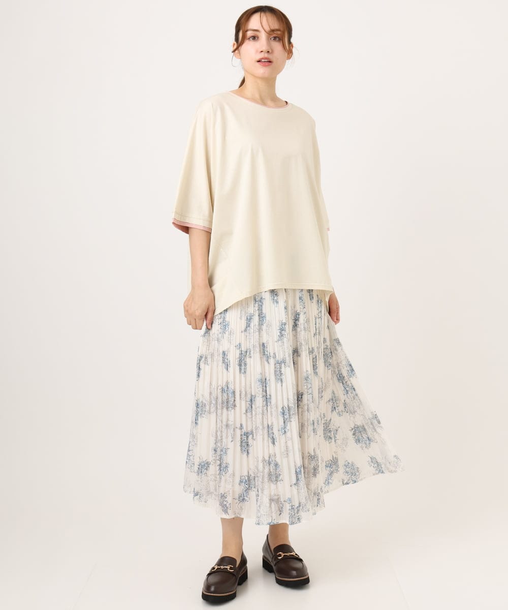 OLHID11089 eur3(エウルキューブ) 【大きいサイズ/a.v.v×eur3/洗える】フラワープリントランダムプリーツスカート ベージュ