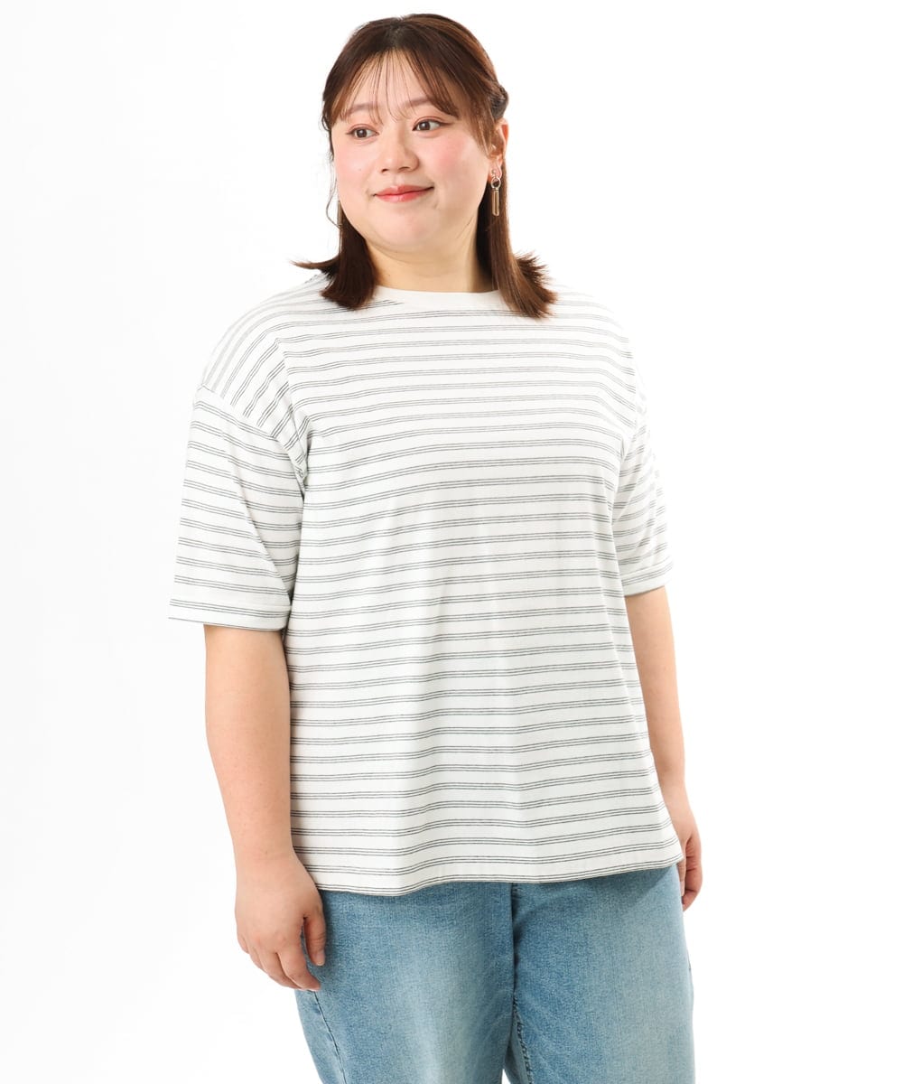 OLKFD12039 eur3(エウルキューブ) 【大きいサイズ/接触冷感/UVカット】ドロップショルダーコットンTシャツ アイボリー/ストライプ