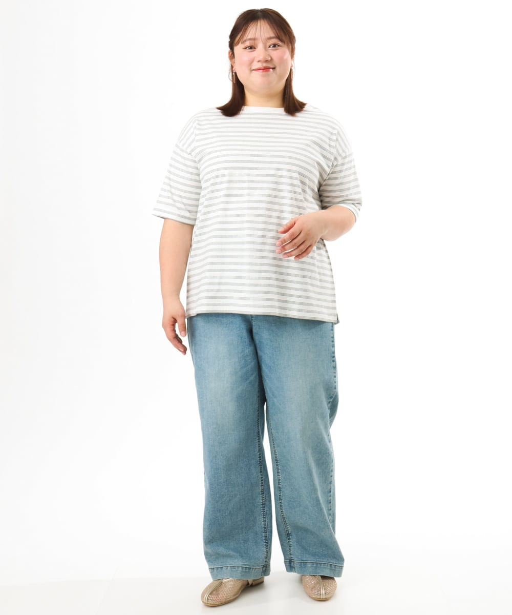 OLKFD12039 eur3(エウルキューブ) 【大きいサイズ/接触冷感/UVカット】ドロップショルダーコットンTシャツ アイボリー/ストライプ