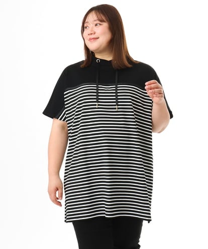 OLKFD21099 eur3 【大きいサイズ】フーディ―風パネルボーダーカットソー