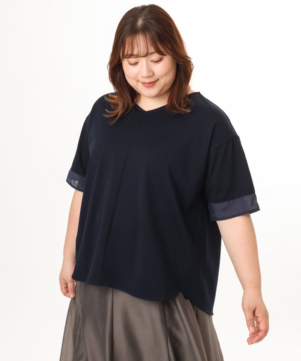 OLKGD33059 eur3(エウルキューブ) 【大きいサイズ】Vネック袖シア―トップス ネイビー