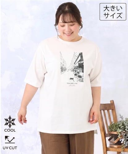 OLKID55059  【大きいサイズ/接触冷感/UVカット】ネコプリントTシャツ