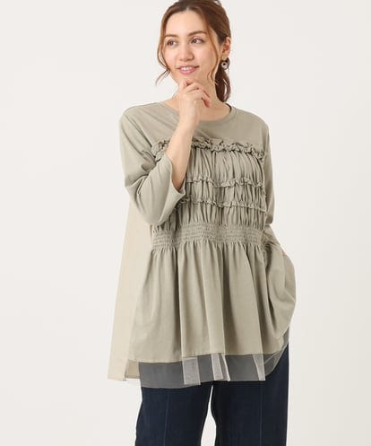 OLKJA13089  【大きいサイズ/LAVEANGE×eur3】シャーリング異素材ドッキングプルオーバー