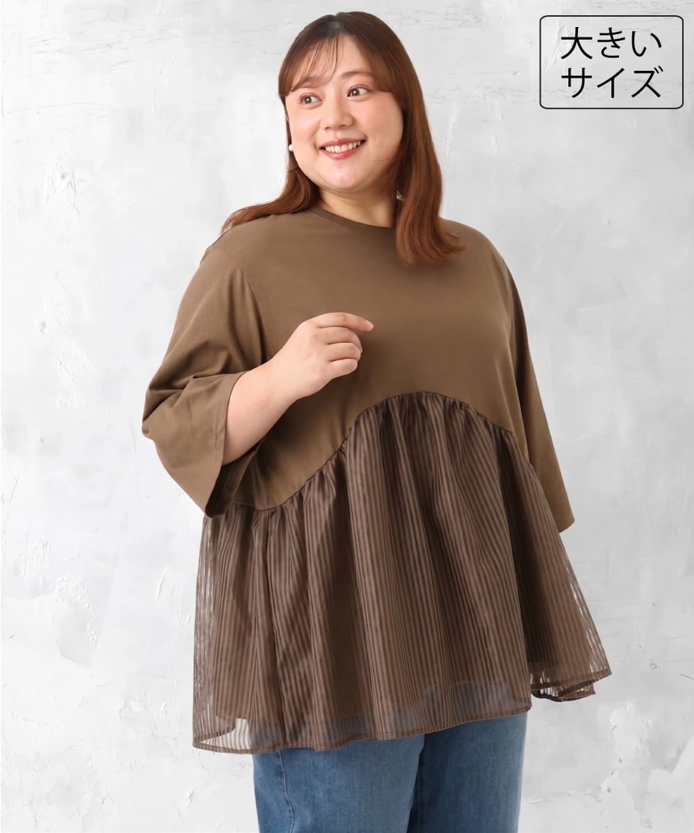 OLKJD04089 eur3(エウルキューブ) 【大きいサイズ/LAVEANGE×eur3】チュール切り替えジャージートップス モカ
