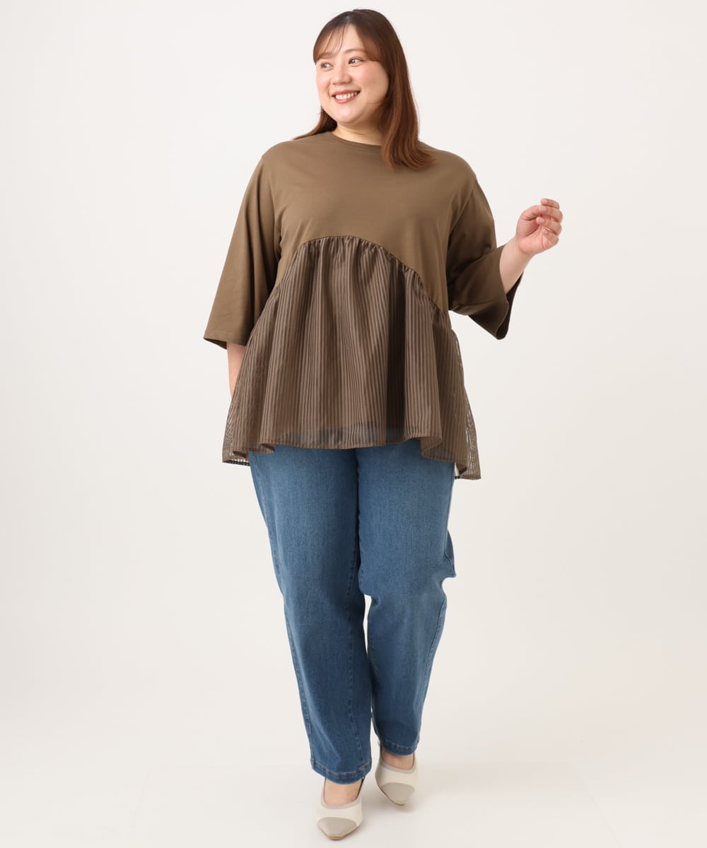 OLKJD04089 eur3(エウルキューブ) 【大きいサイズ/LAVEANGE×eur3】チュール切り替えジャージートップス モカ