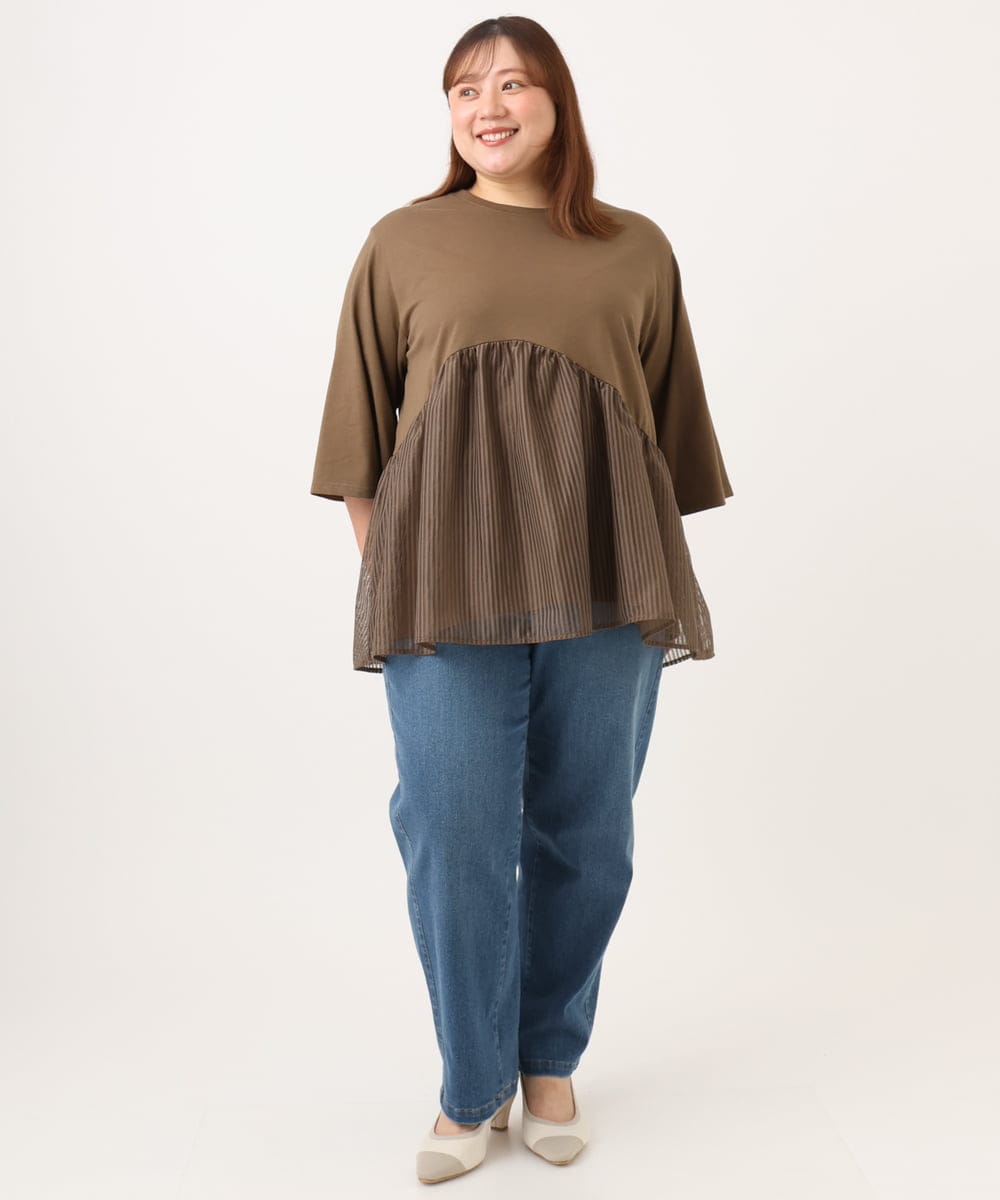 OLKJD04089 eur3(エウルキューブ) 【大きいサイズ/LAVEANGE×eur3】チュール切り替えジャージートップス モカ