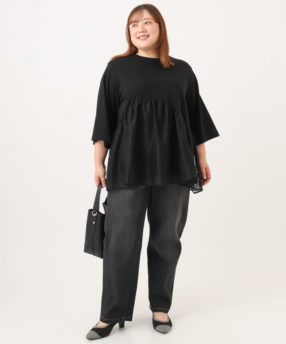 OLKJD04089 eur3(エウルキューブ) 【大きいサイズ/LAVEANGE×eur3】チュール切り替えジャージートップス ブラック