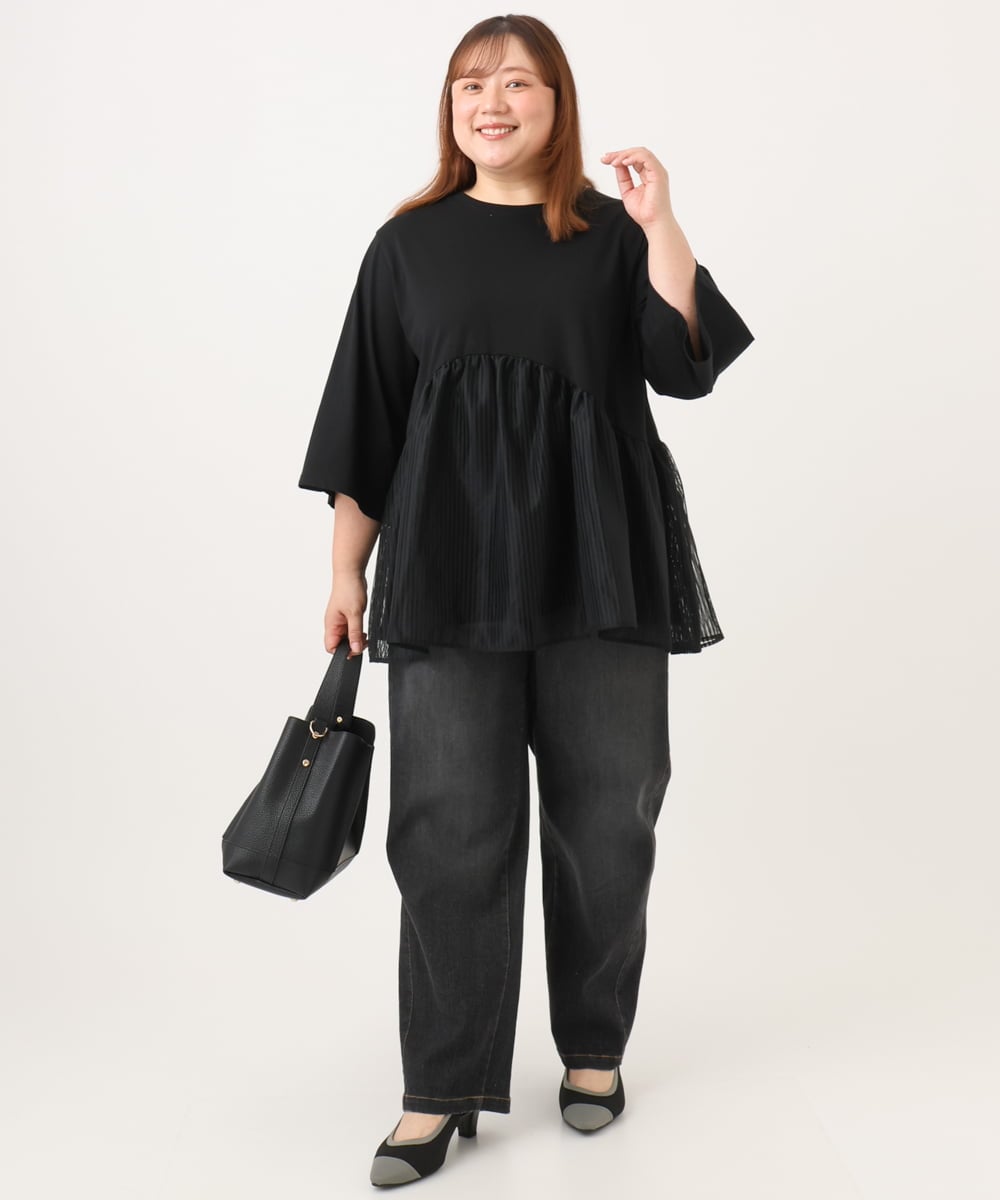 OLKJD04089 eur3(エウルキューブ) 【大きいサイズ/LAVEANGE×eur3】チュール切り替えジャージートップス ブラック