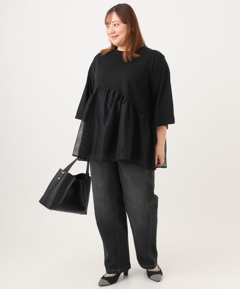 OLKJD04089 eur3(エウルキューブ) 【大きいサイズ/LAVEANGE×eur3】チュール切り替えジャージートップス ブラック