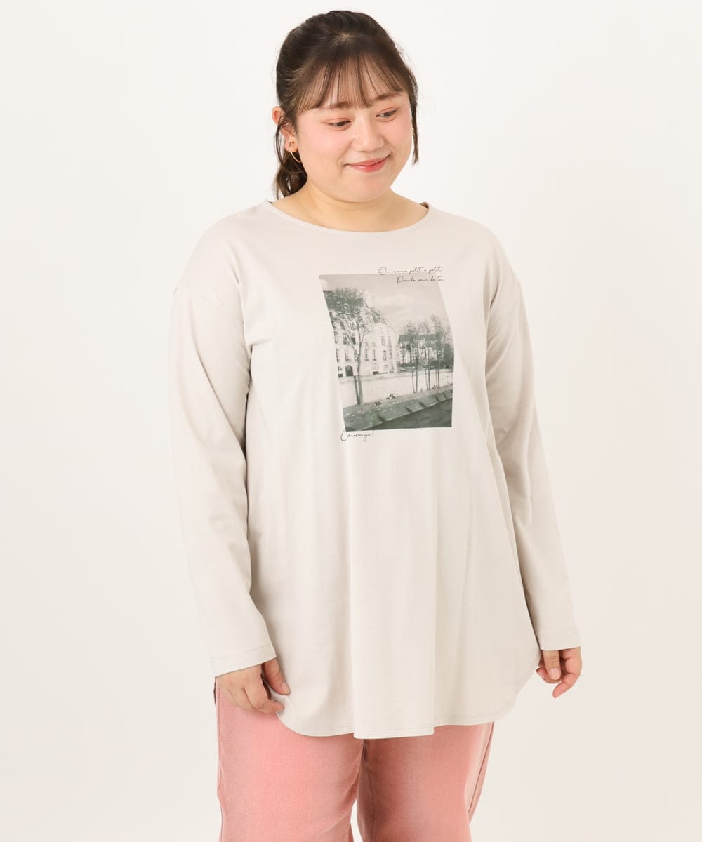 OLKKD10064 eur3(エウルキューブ) 【大きいサイズ】プリント長袖Tシャツ グレージュ