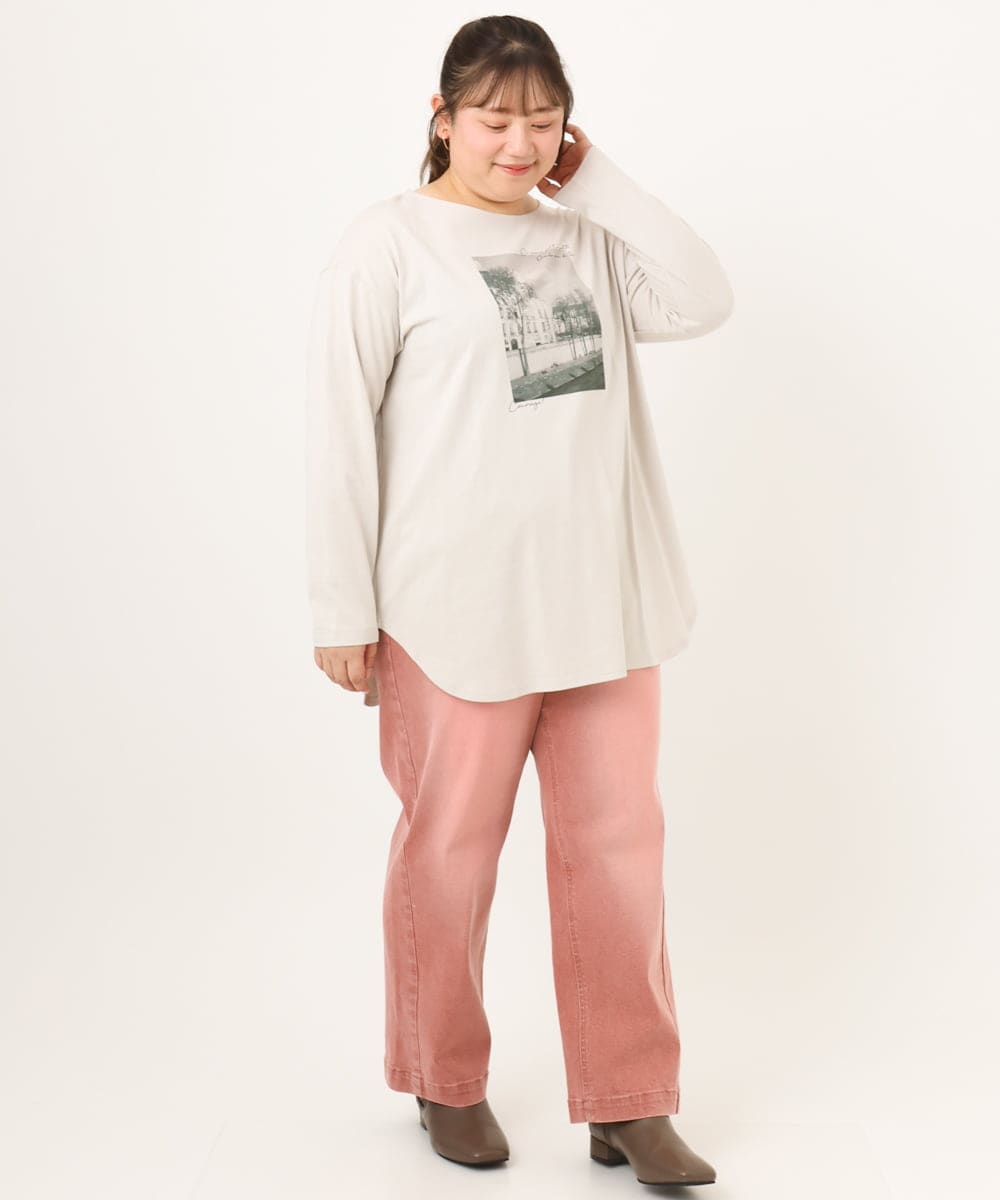 OLKKD10064 eur3(エウルキューブ) 【大きいサイズ】プリント長袖Tシャツ グレージュ