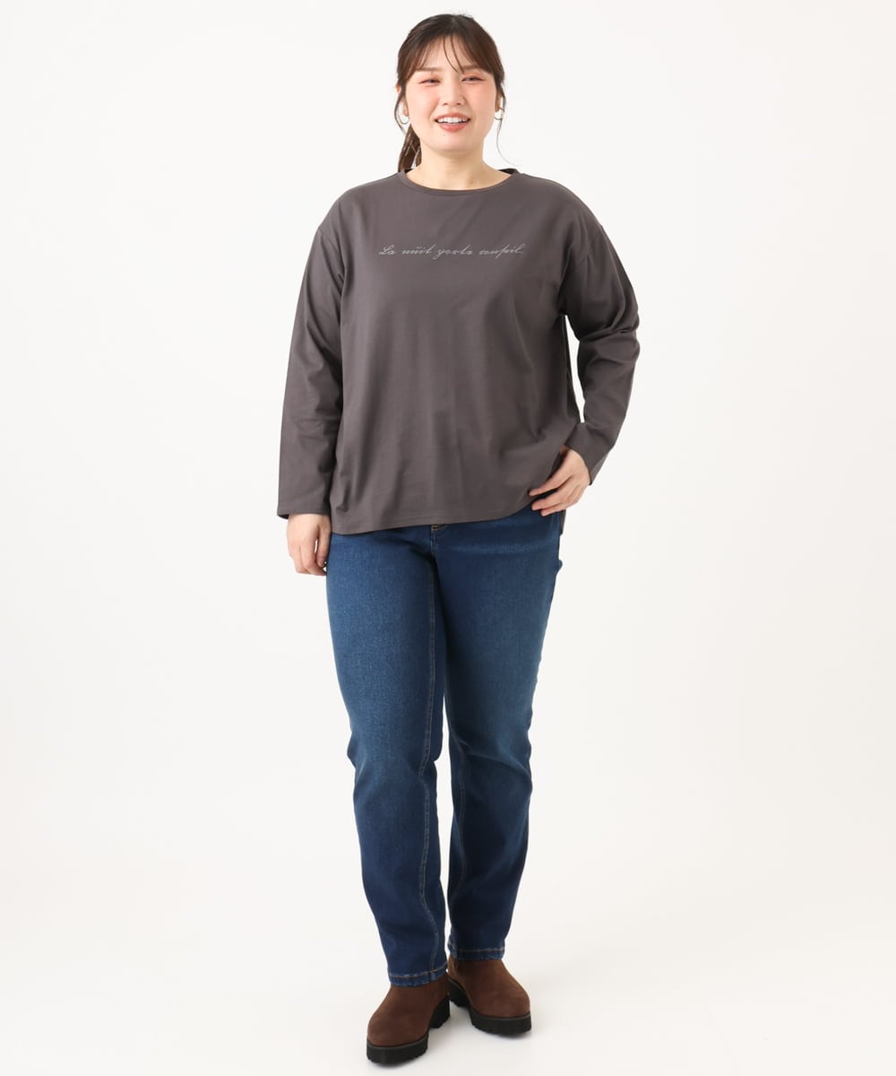 OLKLD16064 eur3(エウルキューブ) 【大きいサイズ】コットンロゴ長袖Tシャツ ダークグレー