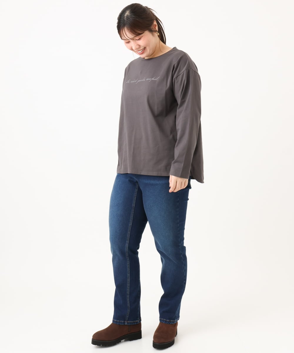 OLKLD16064 eur3(エウルキューブ) 【大きいサイズ】コットンロゴ長袖Tシャツ ダークグレー
