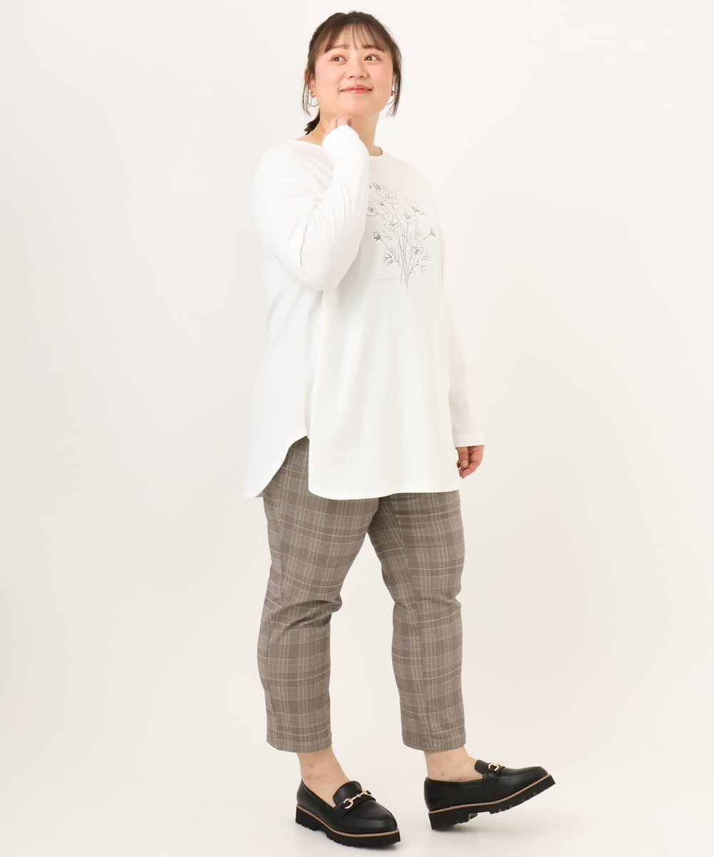 OLLKD08089 eur3(エウルキューブ) 【シリーズ累計販売2万枚！/大きいサイズ】さらさらストレッチカットレングステーパードパンツ ダークブラウン(チェック)