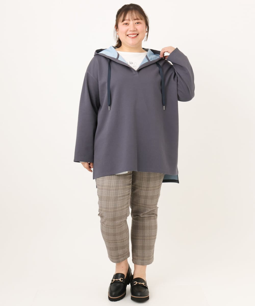 OLLKD08089 eur3(エウルキューブ) 【シリーズ累計販売2万枚！/大きいサイズ】さらさらストレッチカットレングステーパードパンツ ダークブラウン(チェック)