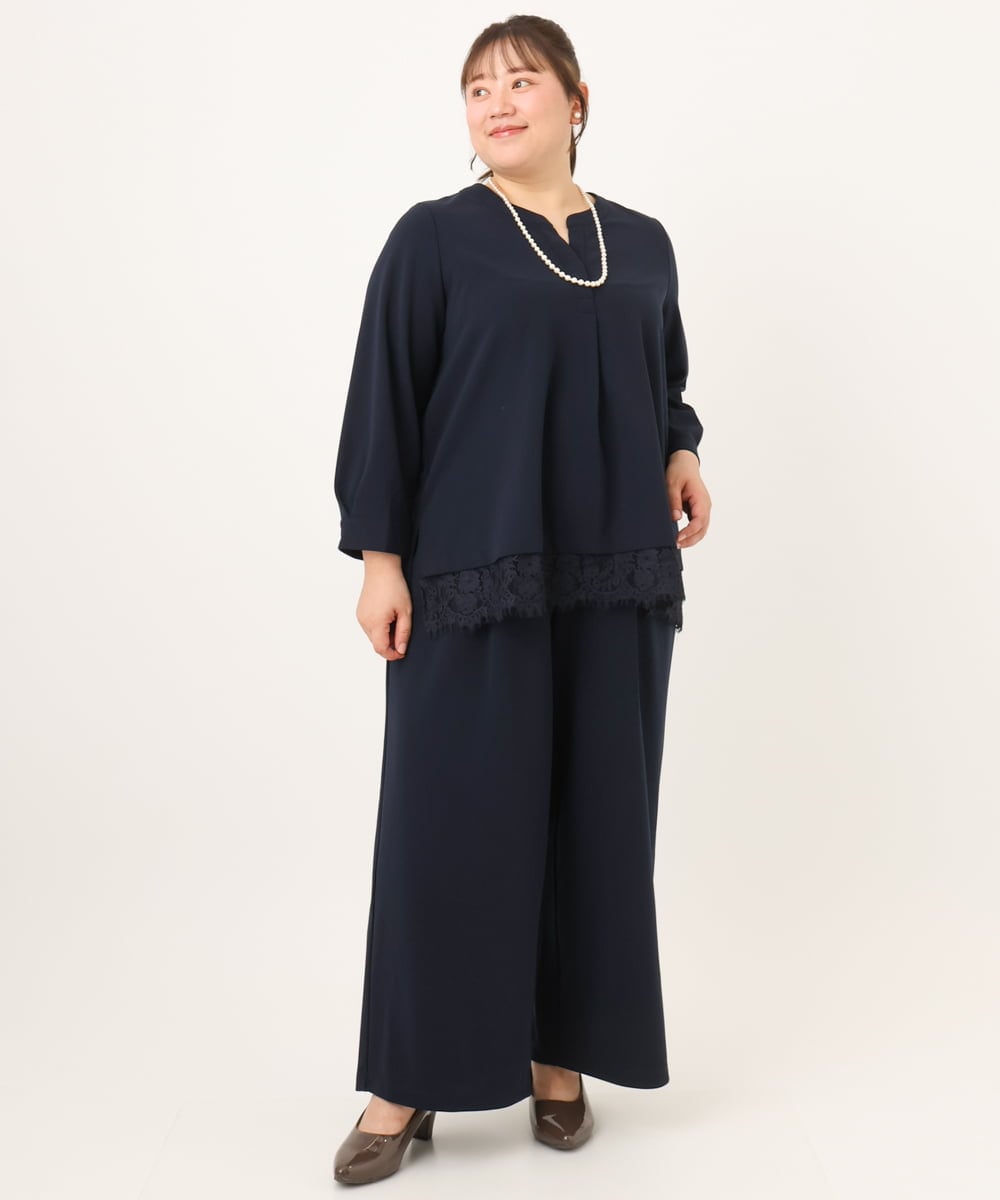 OLLKD09099 eur3(エウルキューブ) 【大きいサイズ/洗える/セットアップ対応】カットジョーゼットワイドパンツ ネイビー