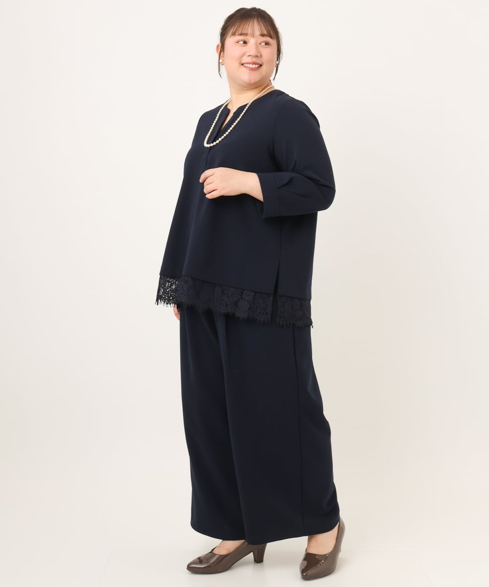 OLLKD09099 eur3(エウルキューブ) 【大きいサイズ/洗える/セットアップ対応】カットジョーゼットワイドパンツ ネイビー