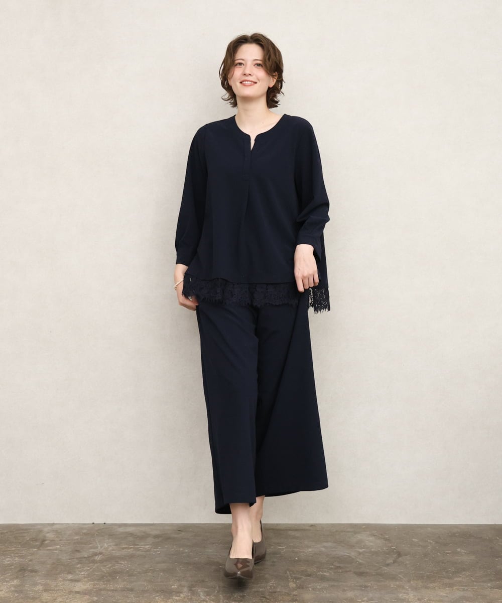 OLLKD09099 eur3(エウルキューブ) 【大きいサイズ/洗える/セットアップ対応】カットジョーゼットワイドパンツ ネイビー