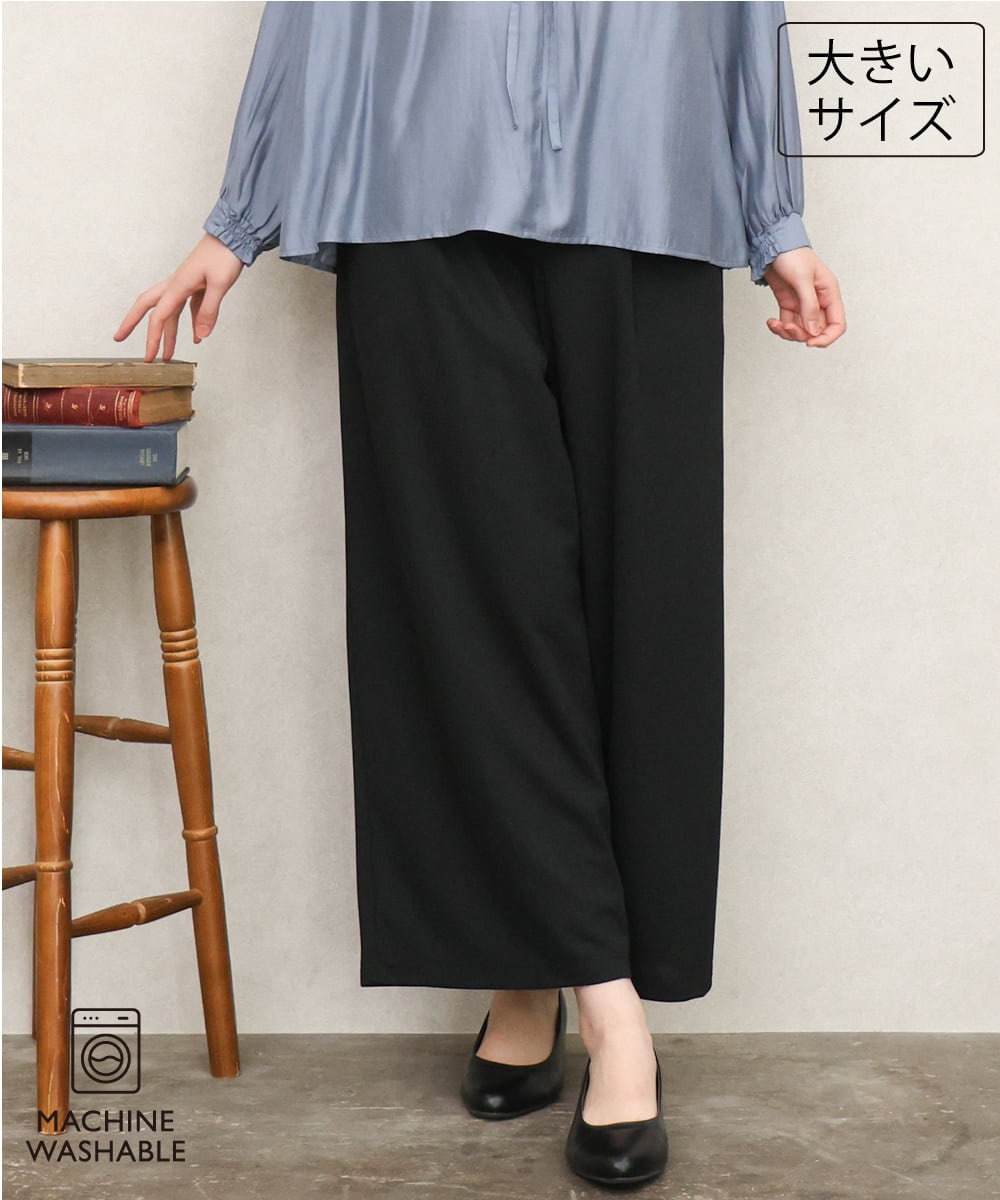 OLLKD09099 eur3(エウルキューブ) 【大きいサイズ/洗える/セットアップ対応】カットジョーゼットワイドパンツ ブラック