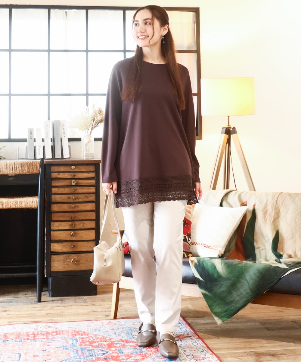 OLLLA16089 eur3(エウルキューブ) 【シリーズ累計販売2万枚！/大きいサイズ】さらさらストレッチ裏起毛テーパードパンツ グレージュ(89)