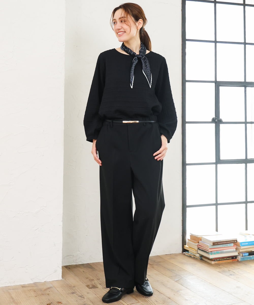 OLLLD17099 eur3(エウルキューブ) 【大きいサイズ/洗える/裏起毛】センタープレスストレートパンツ ブラック