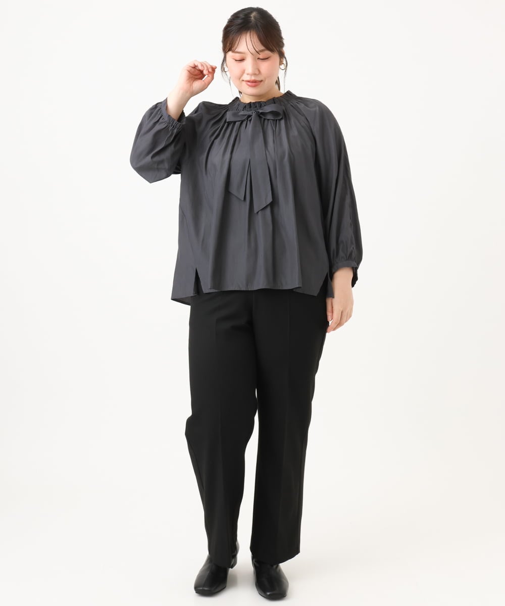 OLLLD17099 eur3(エウルキューブ) 【大きいサイズ/洗える/裏起毛】センタープレスストレートパンツ ブラック