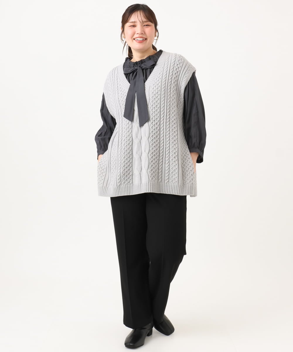 OLLLD17099 eur3(エウルキューブ) 【大きいサイズ/洗える/裏起毛】センタープレスストレートパンツ ブラック