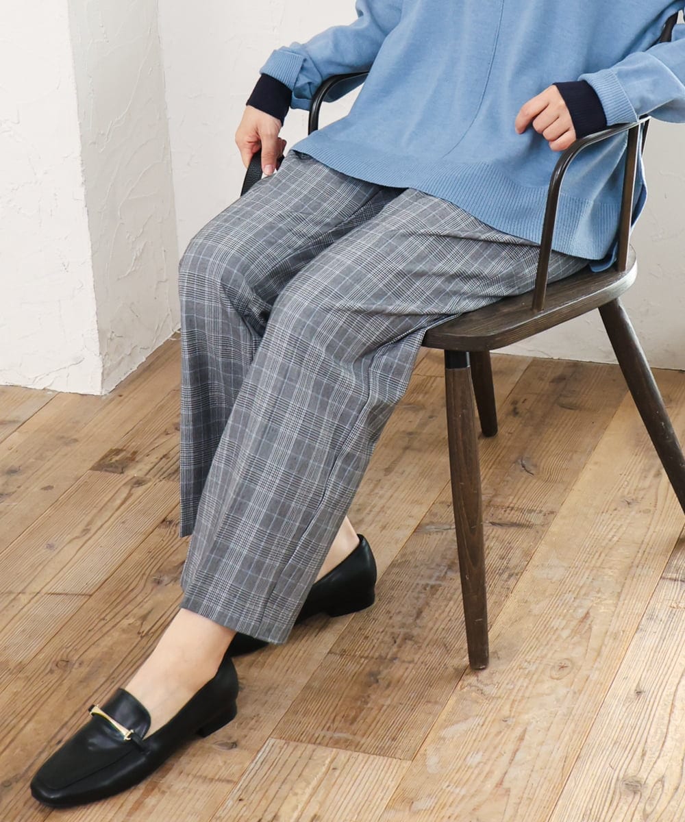 OLLLD19099 eur3(エウルキューブ) 【大きいサイズ/洗える/ 裏起毛】センタープレスチェック柄ストレートパンツ グレー