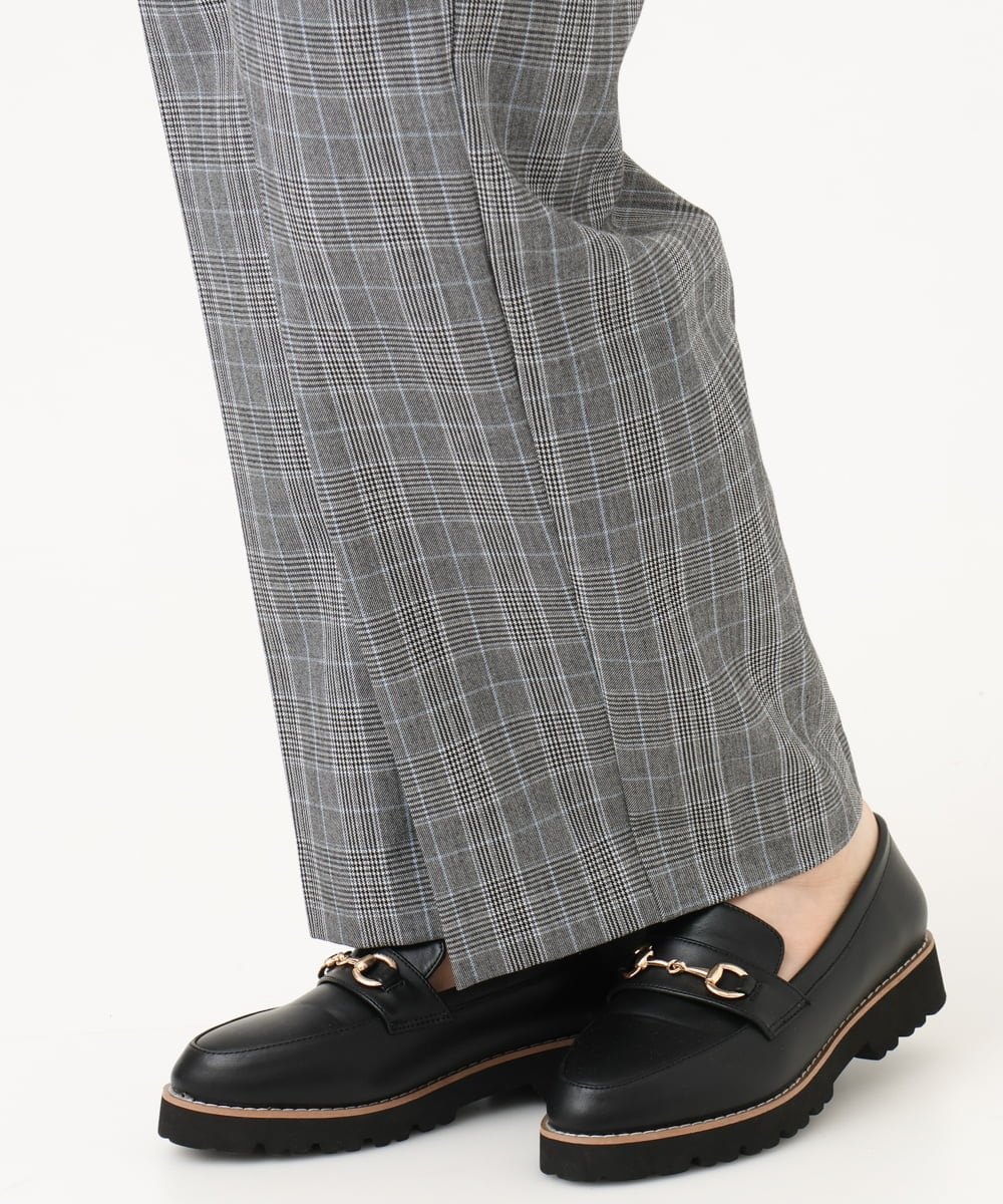 OLLLD19099 eur3(エウルキューブ) 【大きいサイズ/洗える/ 裏起毛】センタープレスチェック柄ストレートパンツ グレー