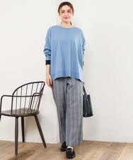 OLLLD19099 eur3(エウルキューブ) 【大きいサイズ/洗える/ 裏起毛】センタープレスチェック柄ストレートパンツ グレー