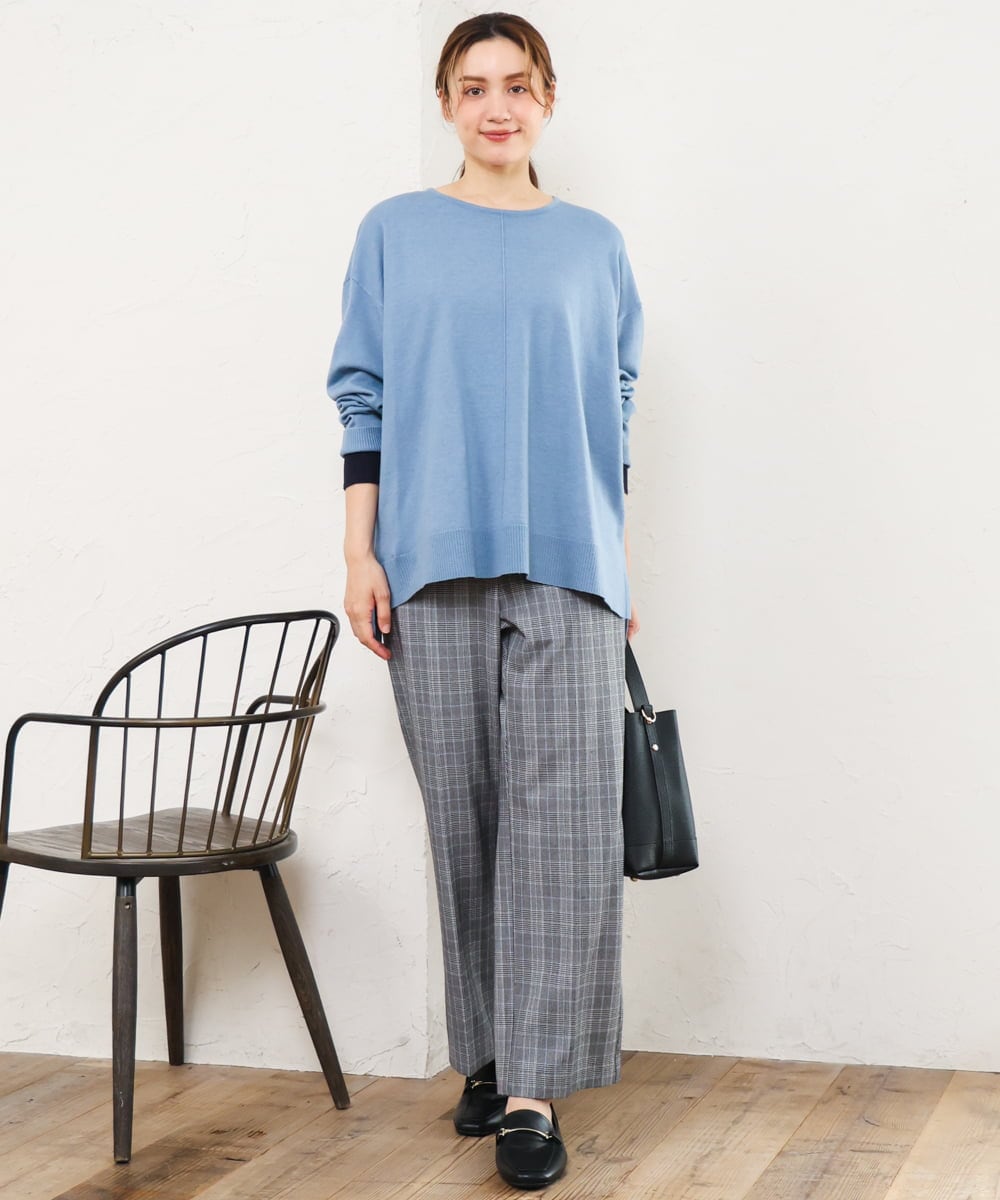 OLLLD19099 eur3(エウルキューブ) 【大きいサイズ/洗える/ 裏起毛】センタープレスチェック柄ストレートパンツ グレー