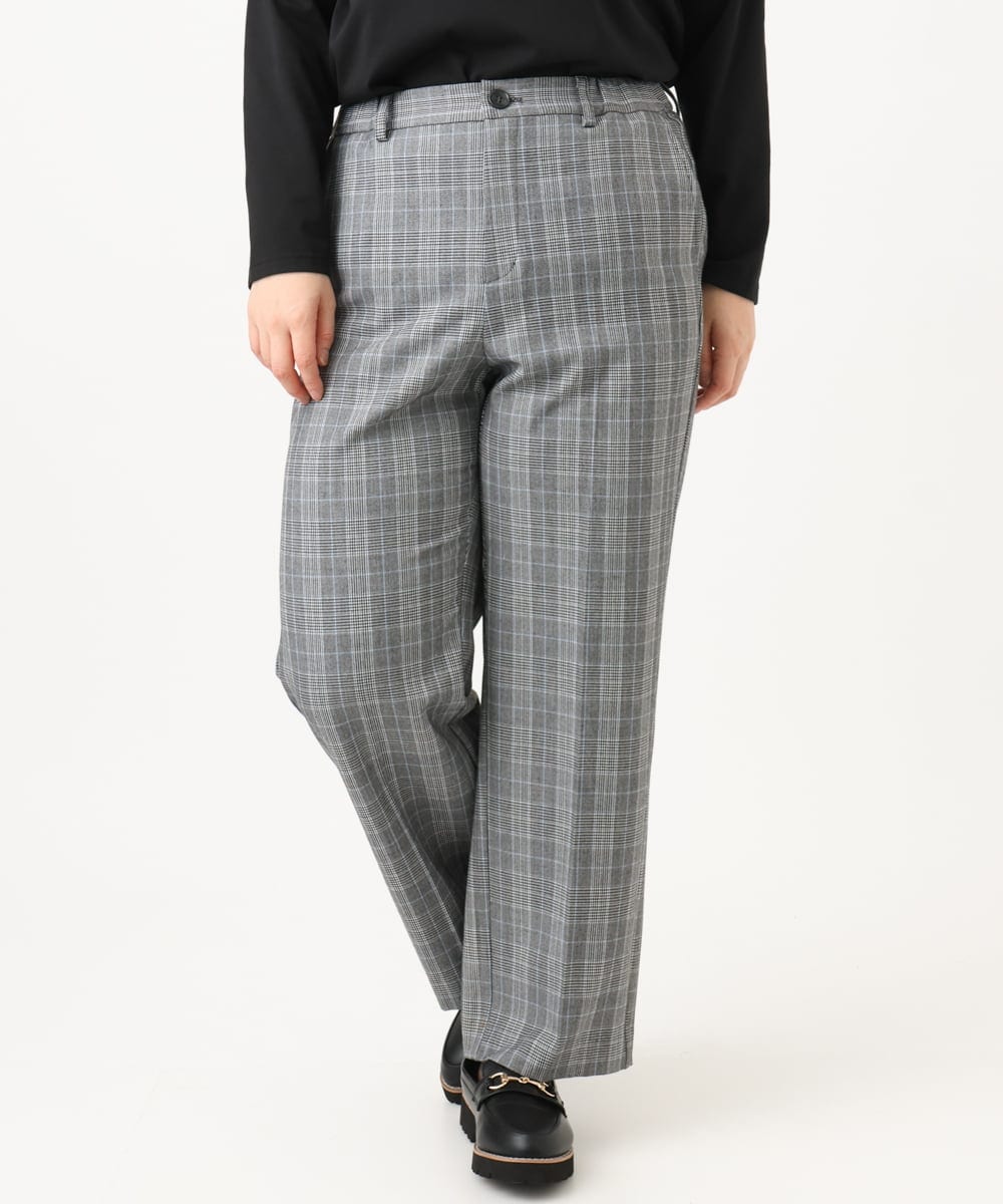 OLLLD19099 eur3(エウルキューブ) 【大きいサイズ/洗える/ 裏起毛】センタープレスチェック柄ストレートパンツ グレー