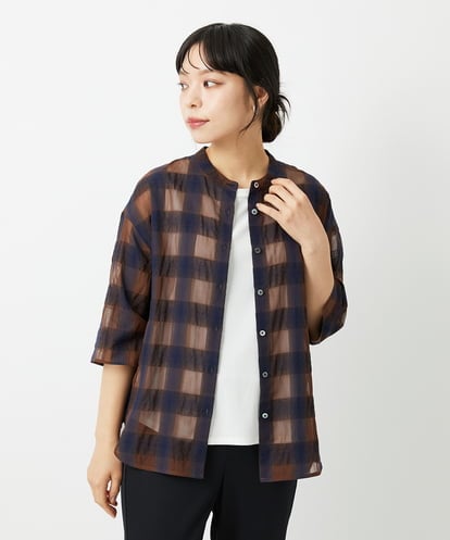 PHBHE63250  シアーチェックバンドカラーブラウス