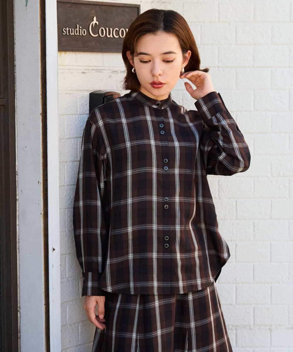 PHBJE21290 GEORGES RECH(小さいサイズ)(メゾン ドゥ サンク)  [セットアップ対応]スタンドカラーチェックブラウス ブラウン