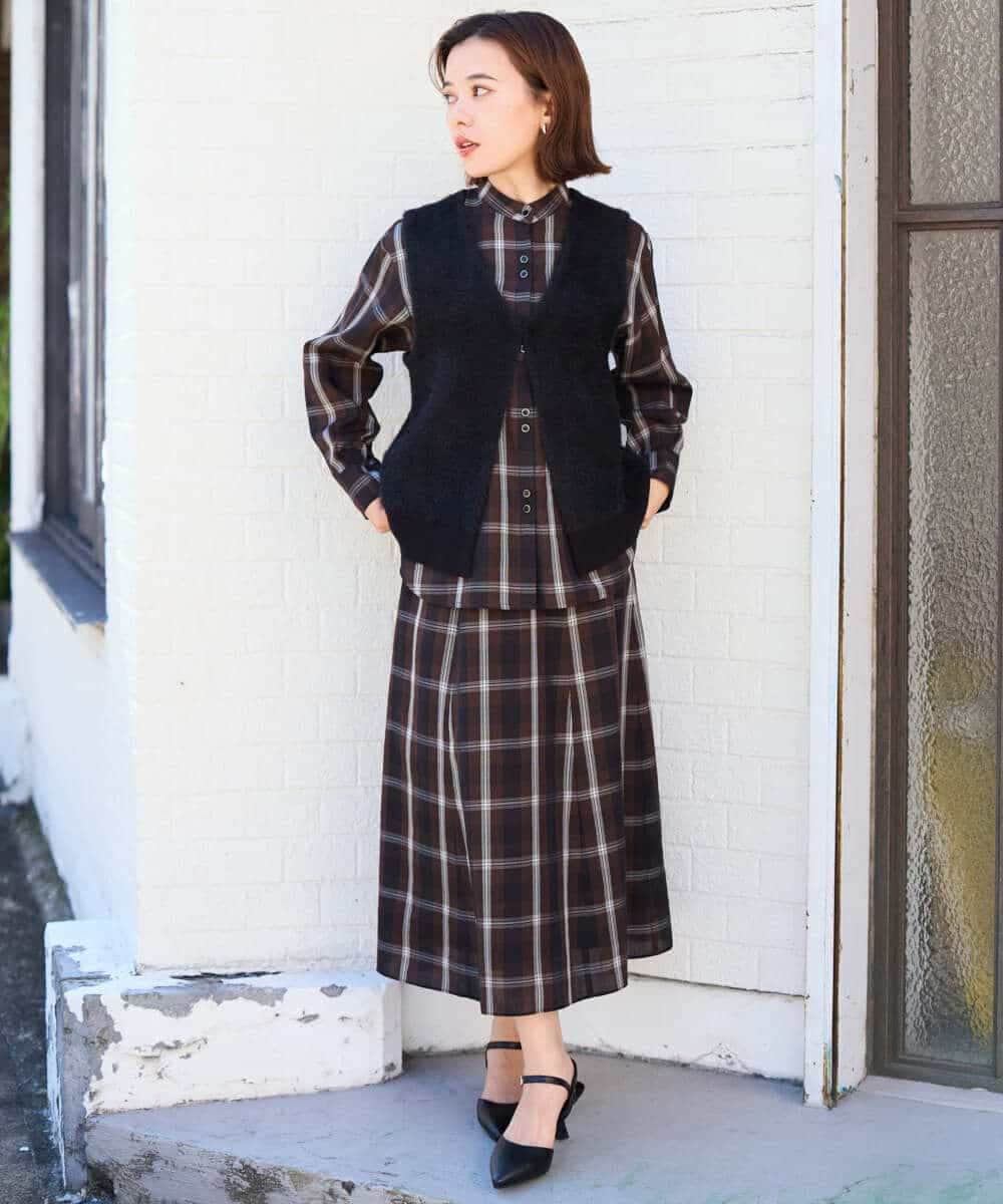 PHBJE21290 GEORGES RECH(小さいサイズ)(メゾン ドゥ サンク)  [セットアップ対応]スタンドカラーチェックブラウス ブラウン