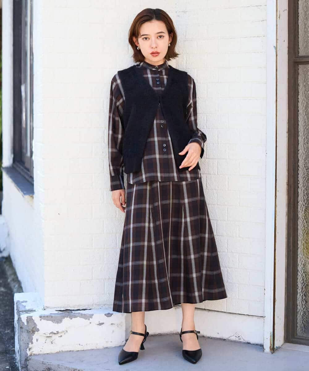 PHBJE21290 GEORGES RECH(小さいサイズ)(メゾン ドゥ サンク)  [セットアップ対応]スタンドカラーチェックブラウス ブラウン